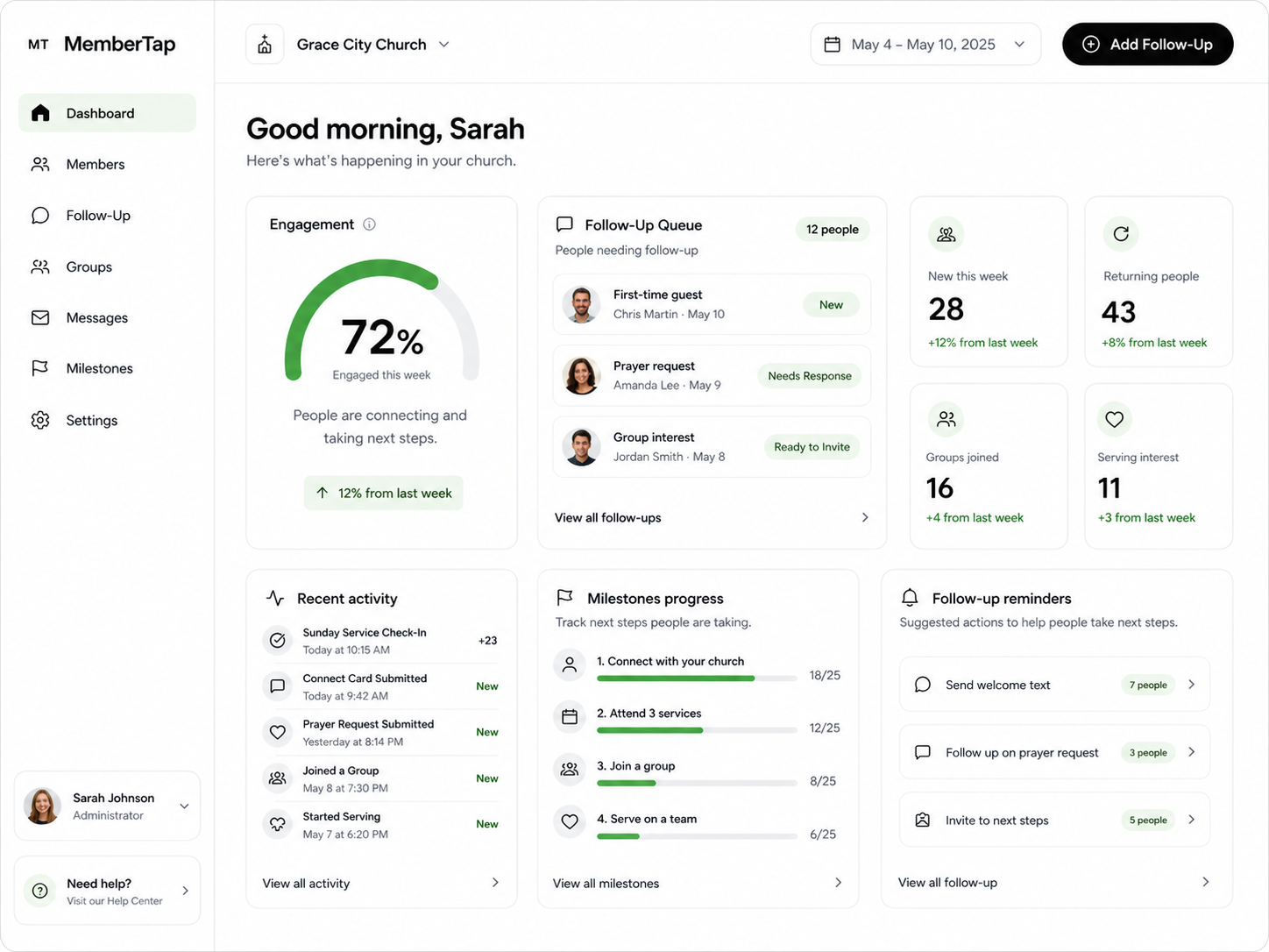 MemberTap desktop admin dashboard with engagement and follow-up insights