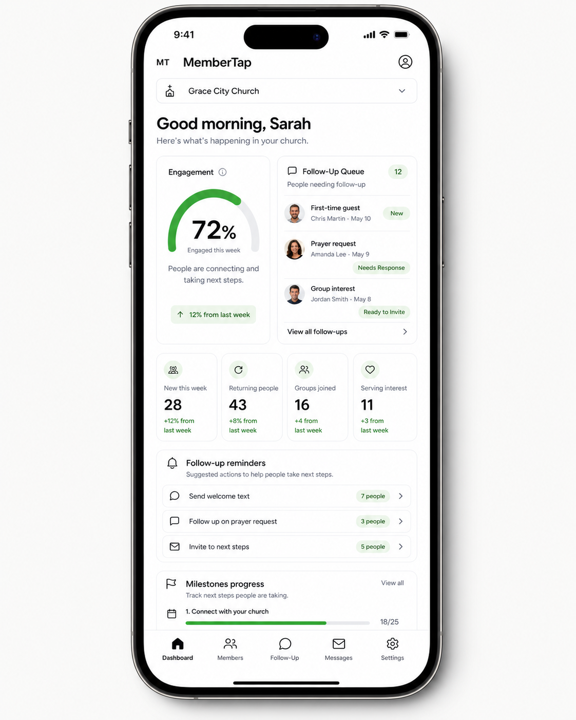 MemberTap church admin dashboard on mobile