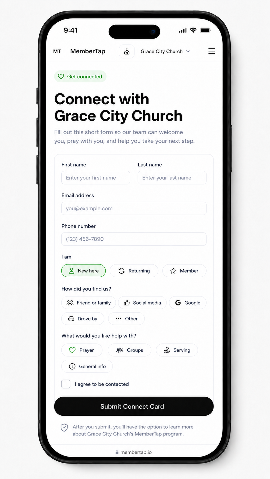 MemberTap public church connect card on mobile