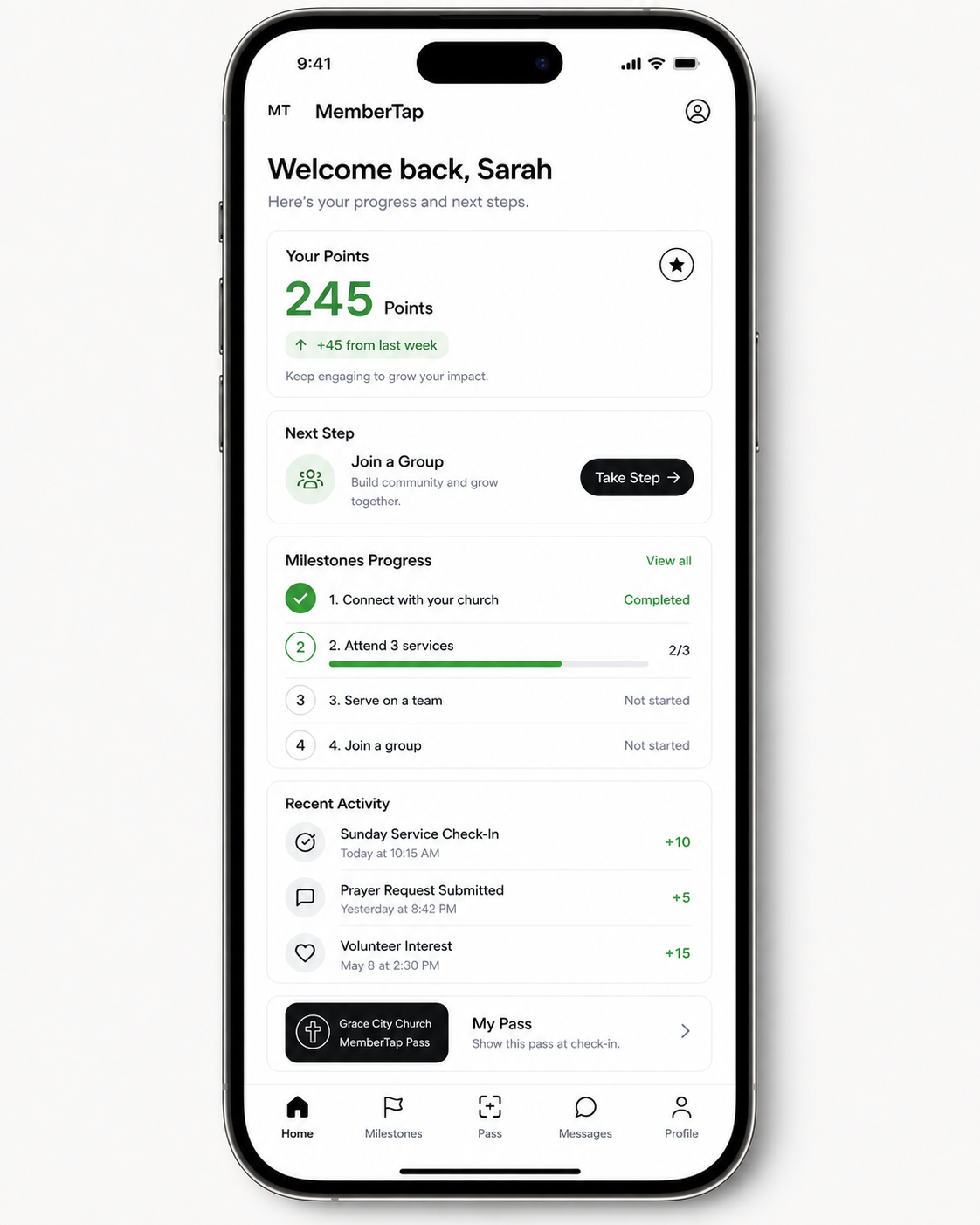 MemberTap participant progress dashboard with points and milestones