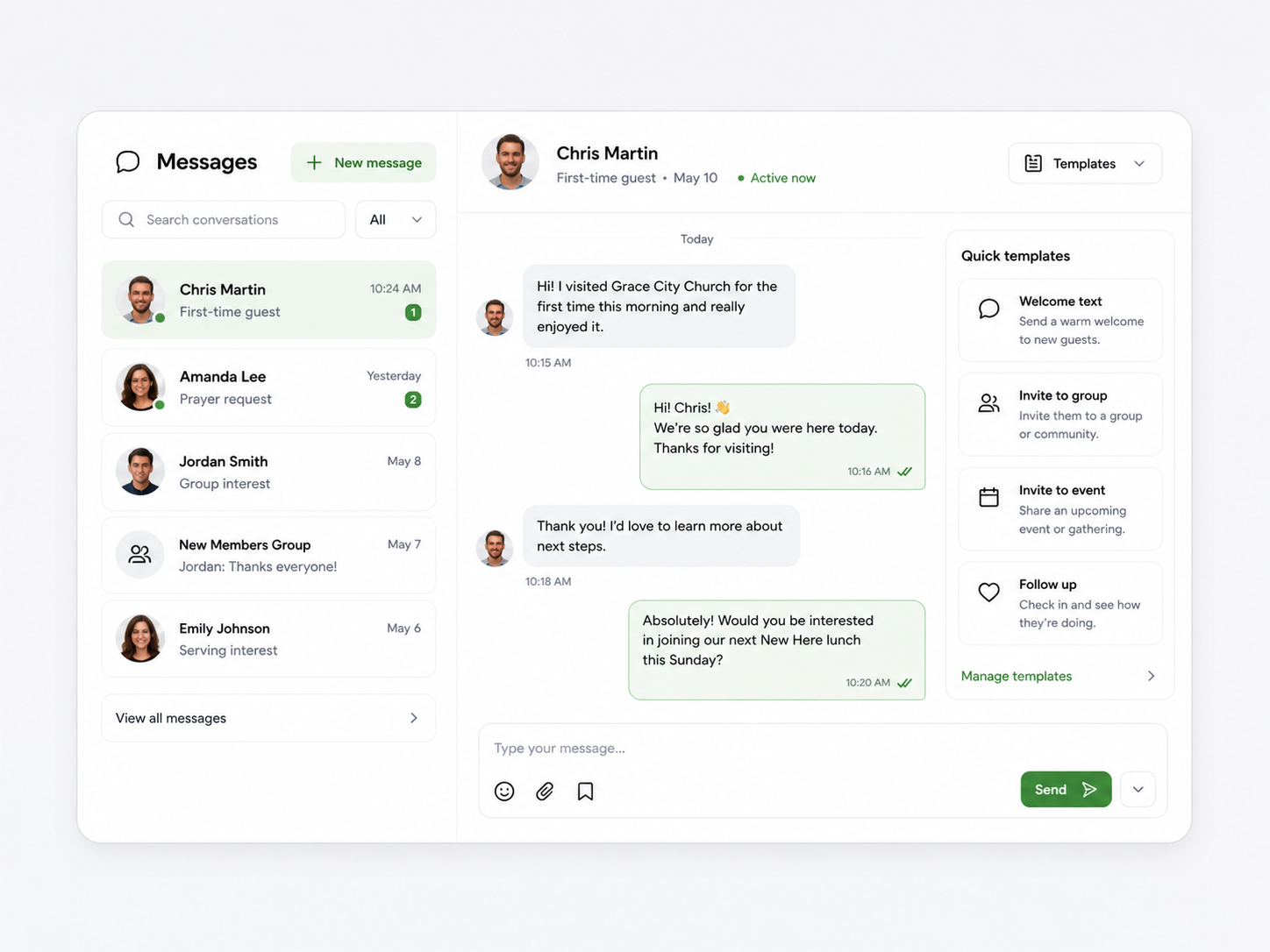 MemberTap follow-up messaging screen with templates