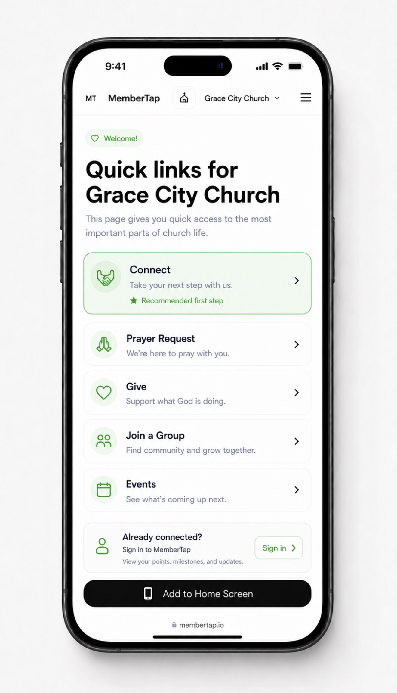 MemberTap church quick links page on mobile